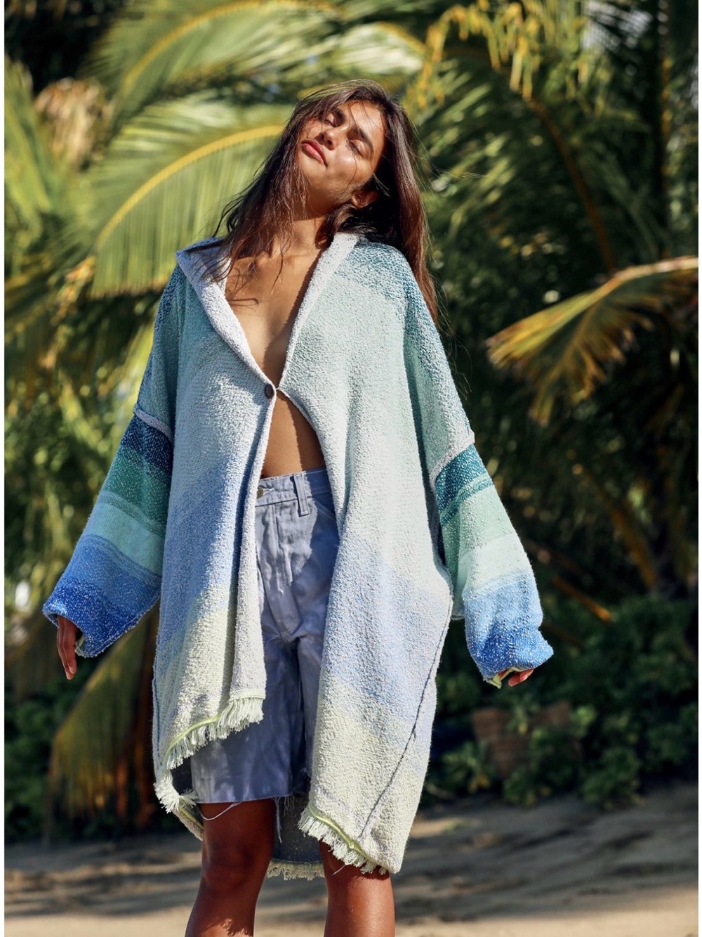 Free People Sunset Park Pastel Blue & Green Striped Oversized Cardigan